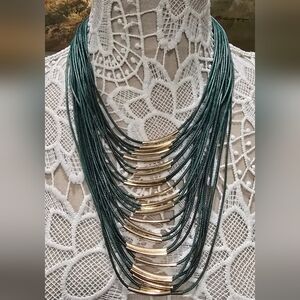 Multi Layered Green Faux Leather And Gold Tube Necklace